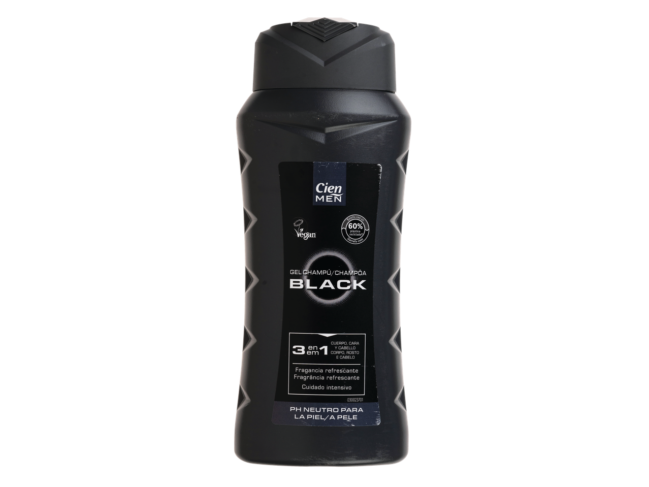 Gel de banho e champô Cien Men Black: vegano, 60% plástico reciclado.