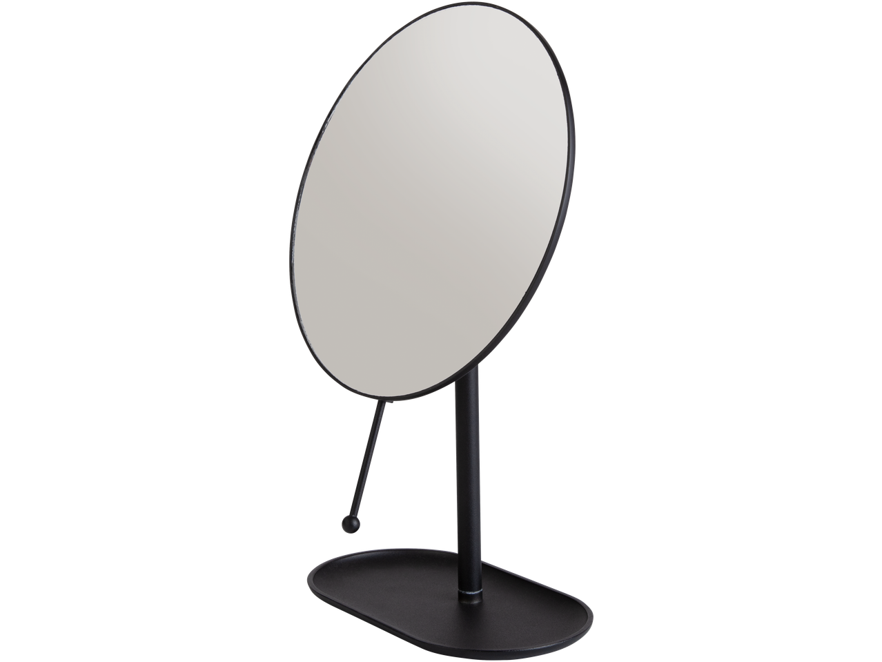 Tafelspiegel met zwart metalen frame en ovale voet.