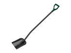 A black and green garden shovel with a D-handle, angled on a white background.