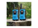 Two blue and black walkie-talkies with screens and buttons, on a wooden surface outdoors.