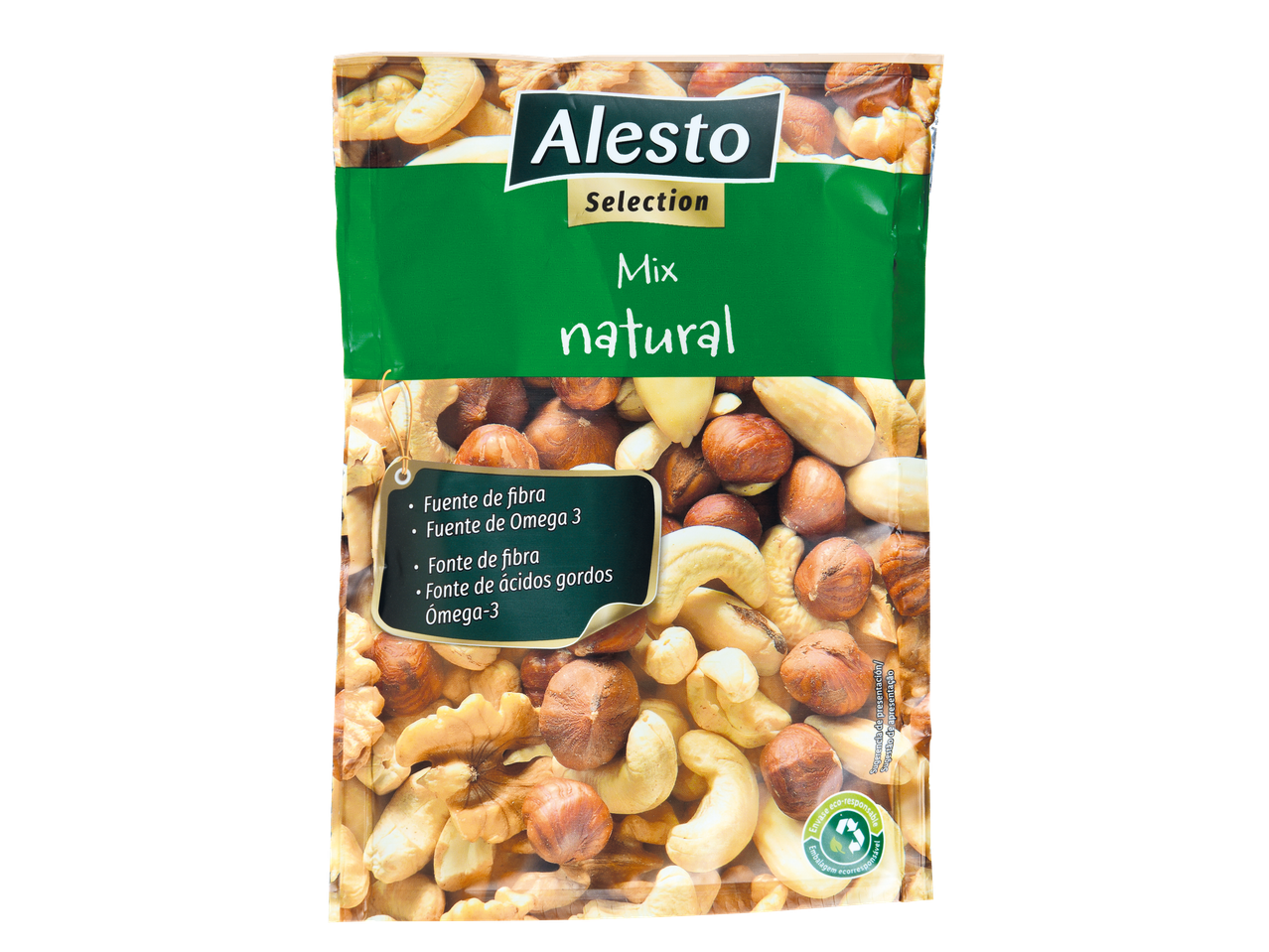 Alesto Selection mistura natural de frutos secos com cajus, avelãs e nozes, destacando fibra e Ómega-3.