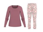 Pigiama da donna con maglia a maniche lunghe rosa e pantaloni a fantasia floreale.