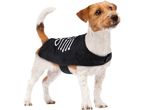 A terrier dog wearing a black skeleton-themed pet costume.