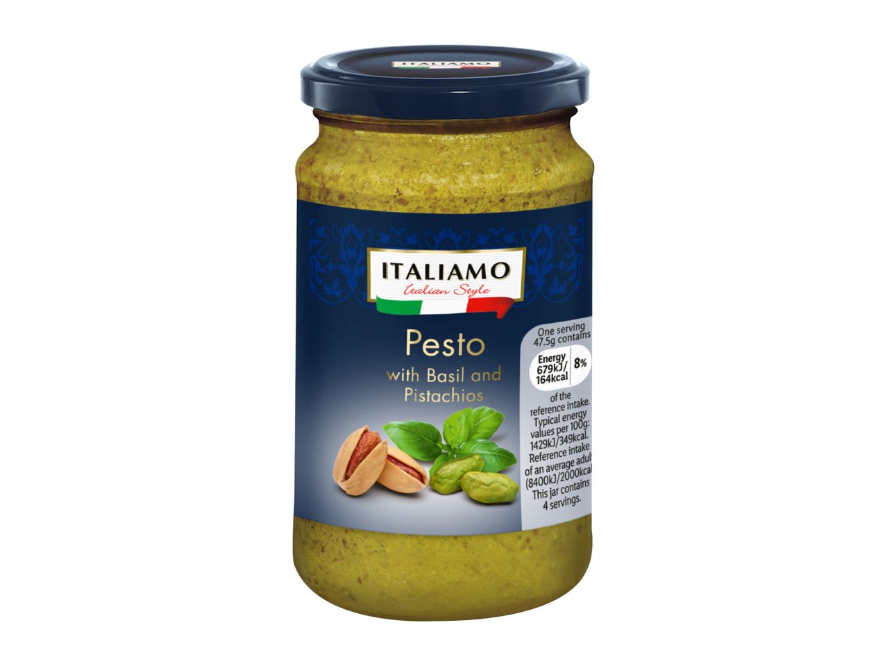 A jar of pesto with basil and pistachios, showing nutritional information.
