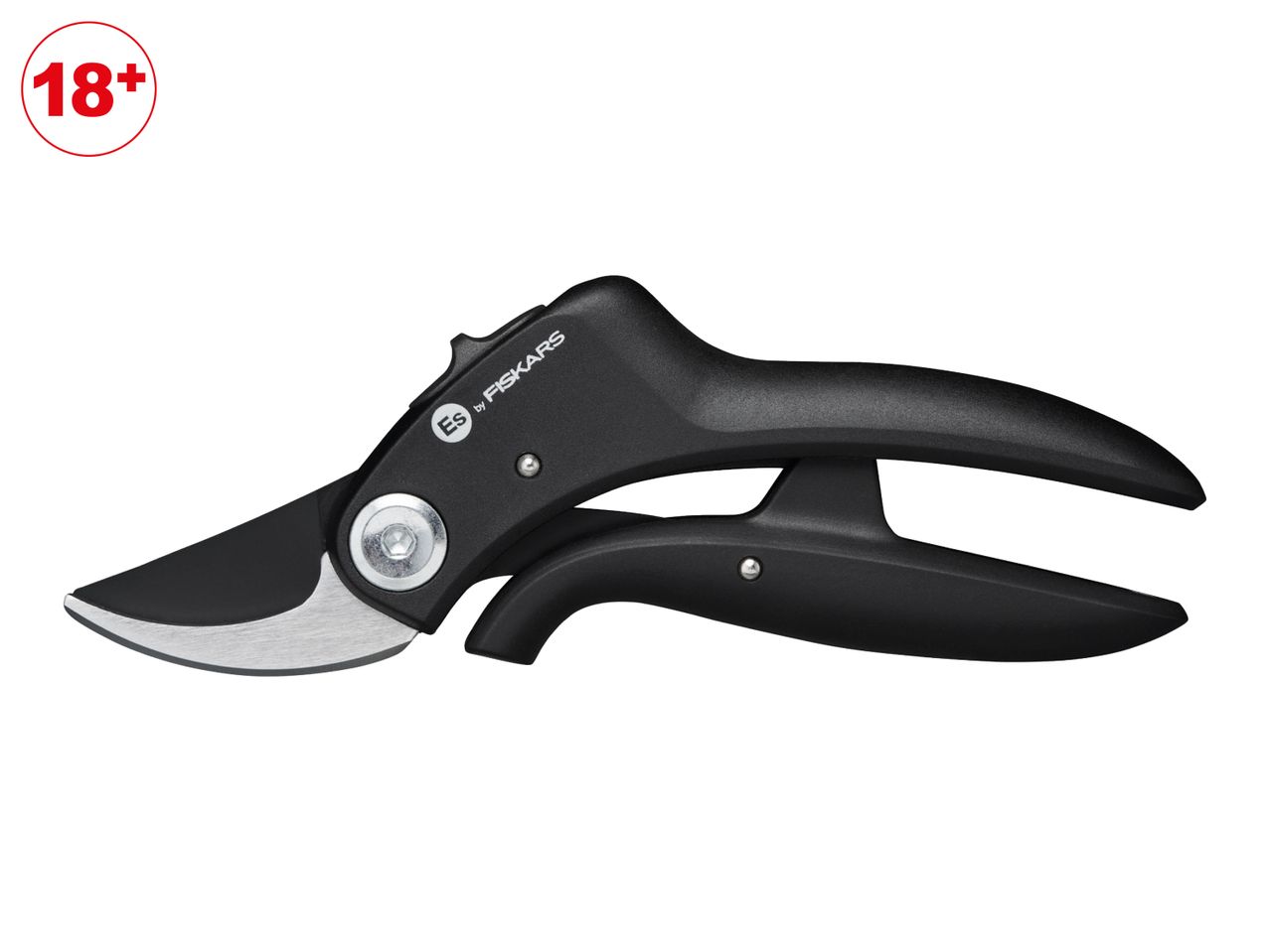 Black pruning shears with silver blades and an 18+ age restriction symbol.