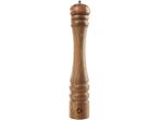 Tall wooden pepper mill with a metal top knob on a white background.