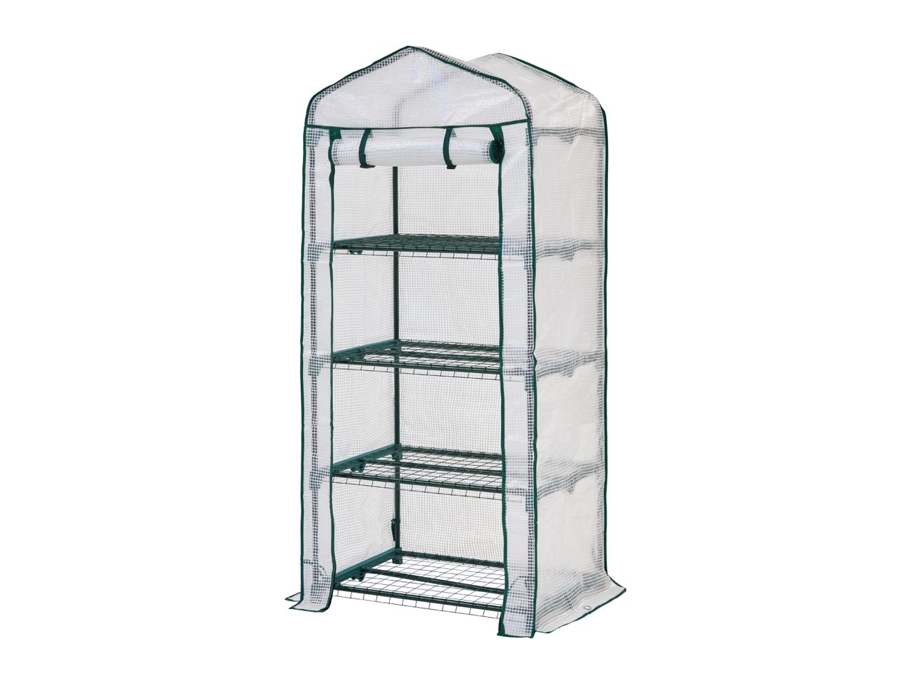 A tall, narrow, transparent greenhouse with a green frame and four wire shelves.