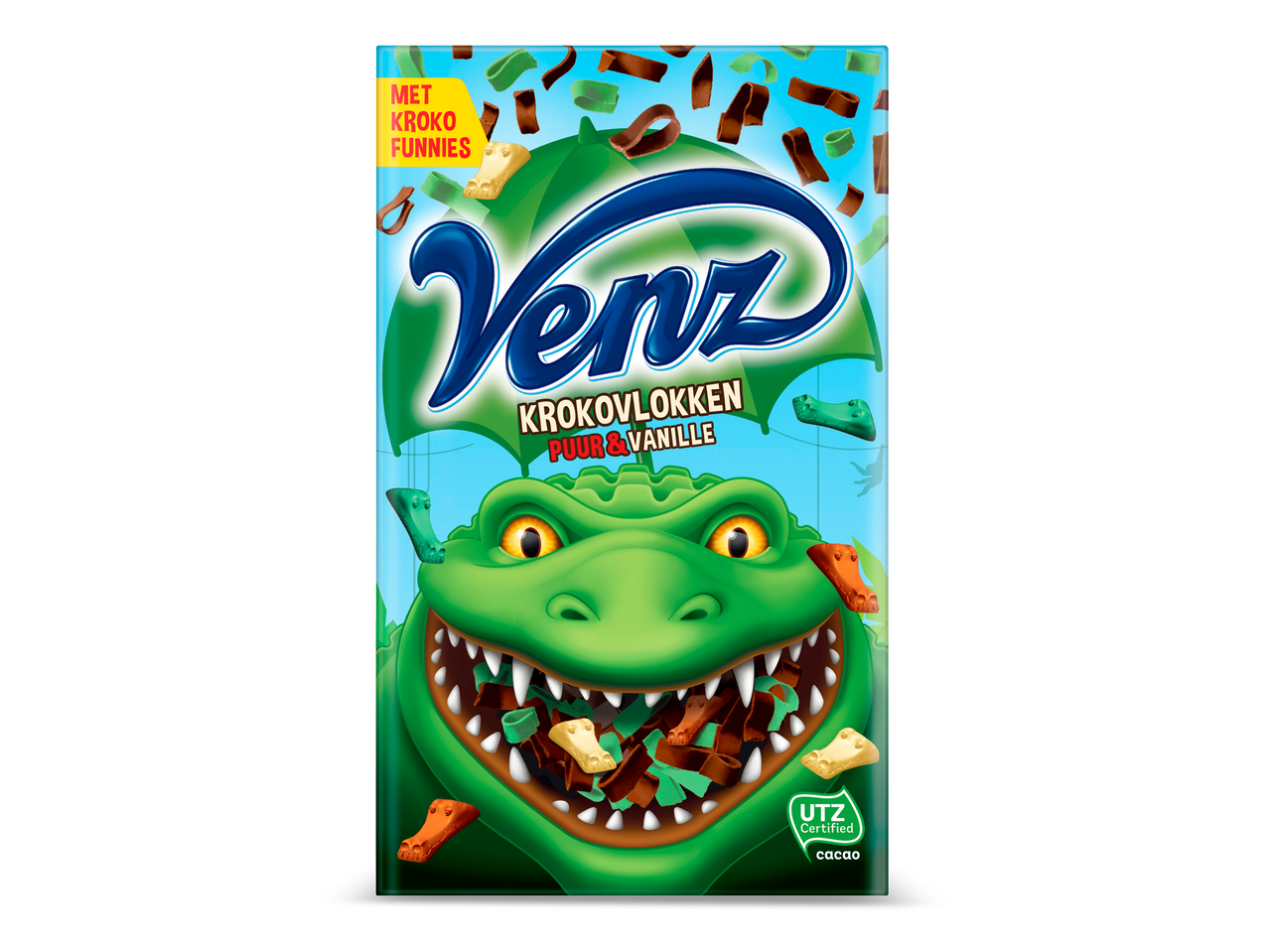 Verpakking met krokodillen en krokante vlokken in de smaken puur en vanille.