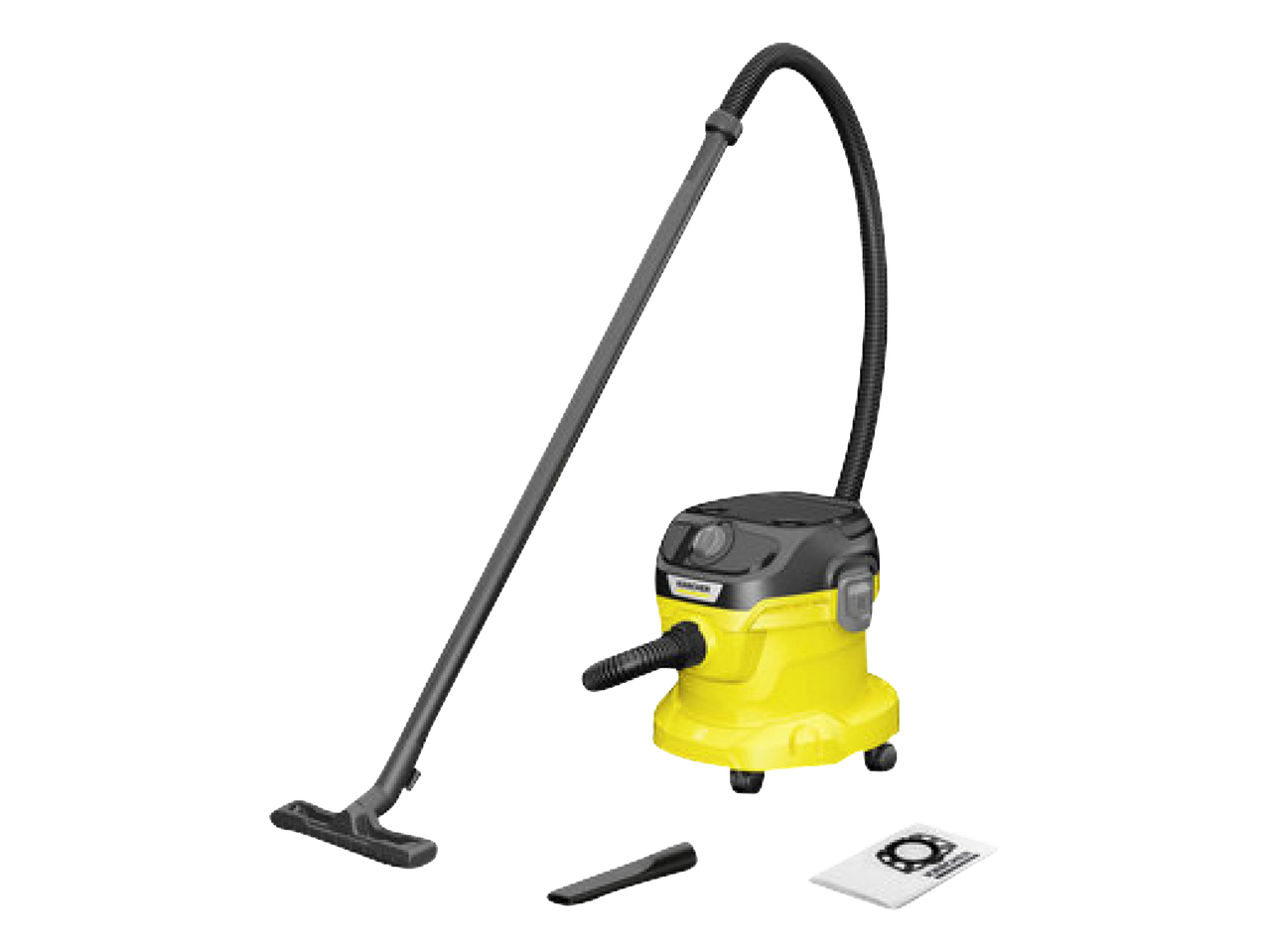 Žuti usisavač za mokro i suho usisavanje s crijevom, štapom i dodacima.