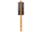 Brosse à cheveux ronde en bois avec des poils noirs et des picots en plastique.