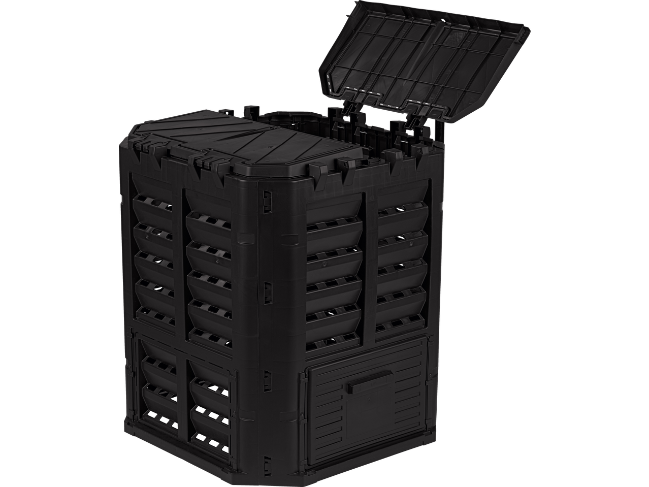 Composteur en plastique noir avec couvercle ouvert, vu de côté.