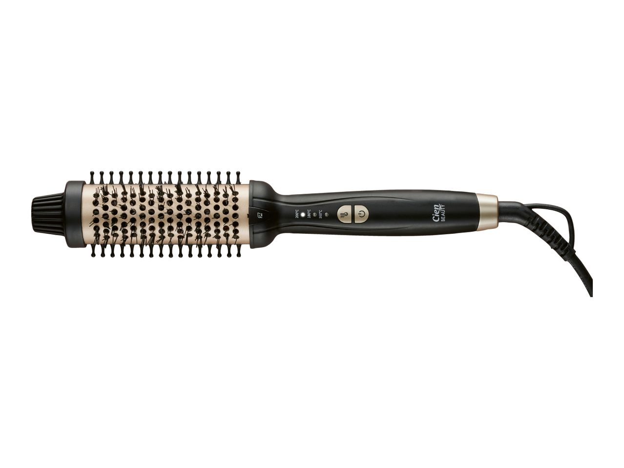 Black and gold heated styling brush with temperature settings and power button.