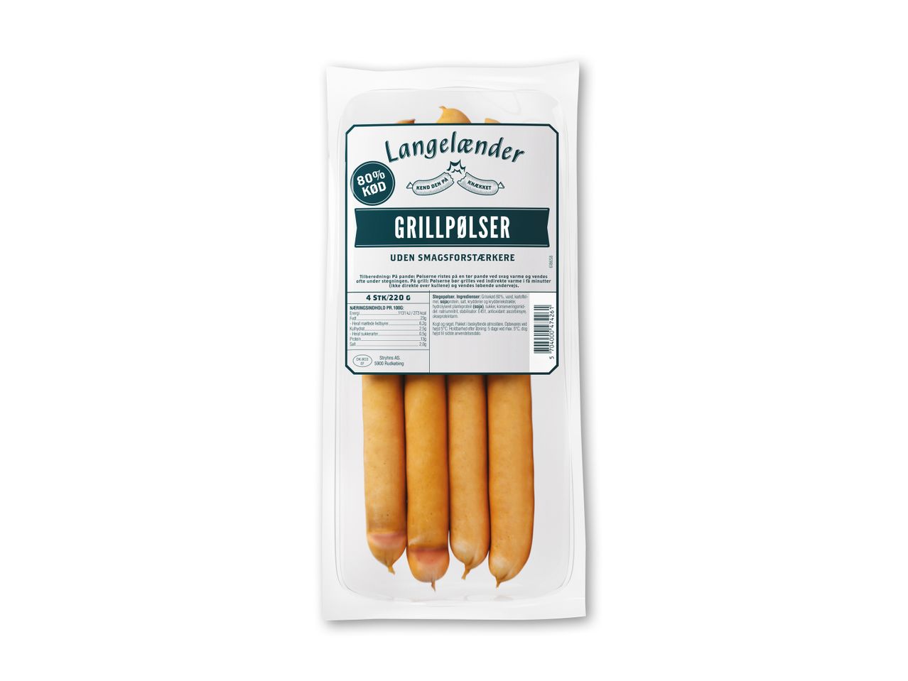 Langelænder grillpølser, 80% kød, i en gennemsigtig emballage.
