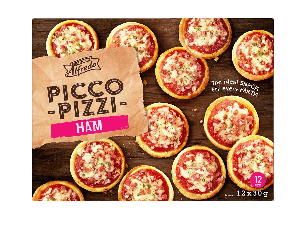 Trattoria Alfredo Picco-Pizzi sonkás mini pizzák, 12 darabos kiszerelésben.