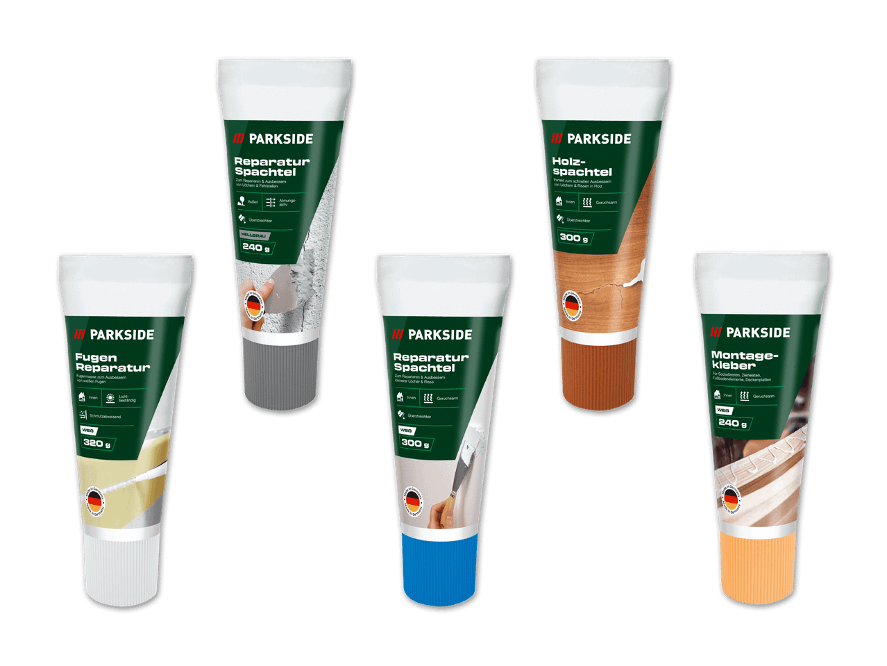 Fünf Tuben Parkside-Spachtel und -Kleber, darunter Fugenreparatur, Holzspachtel und Montagekleber.