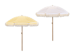 Zwei Strandsonnenschirme in Beige und Weiß.