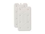 Two white rectangular freezer packs with a textured surface and a small spout.