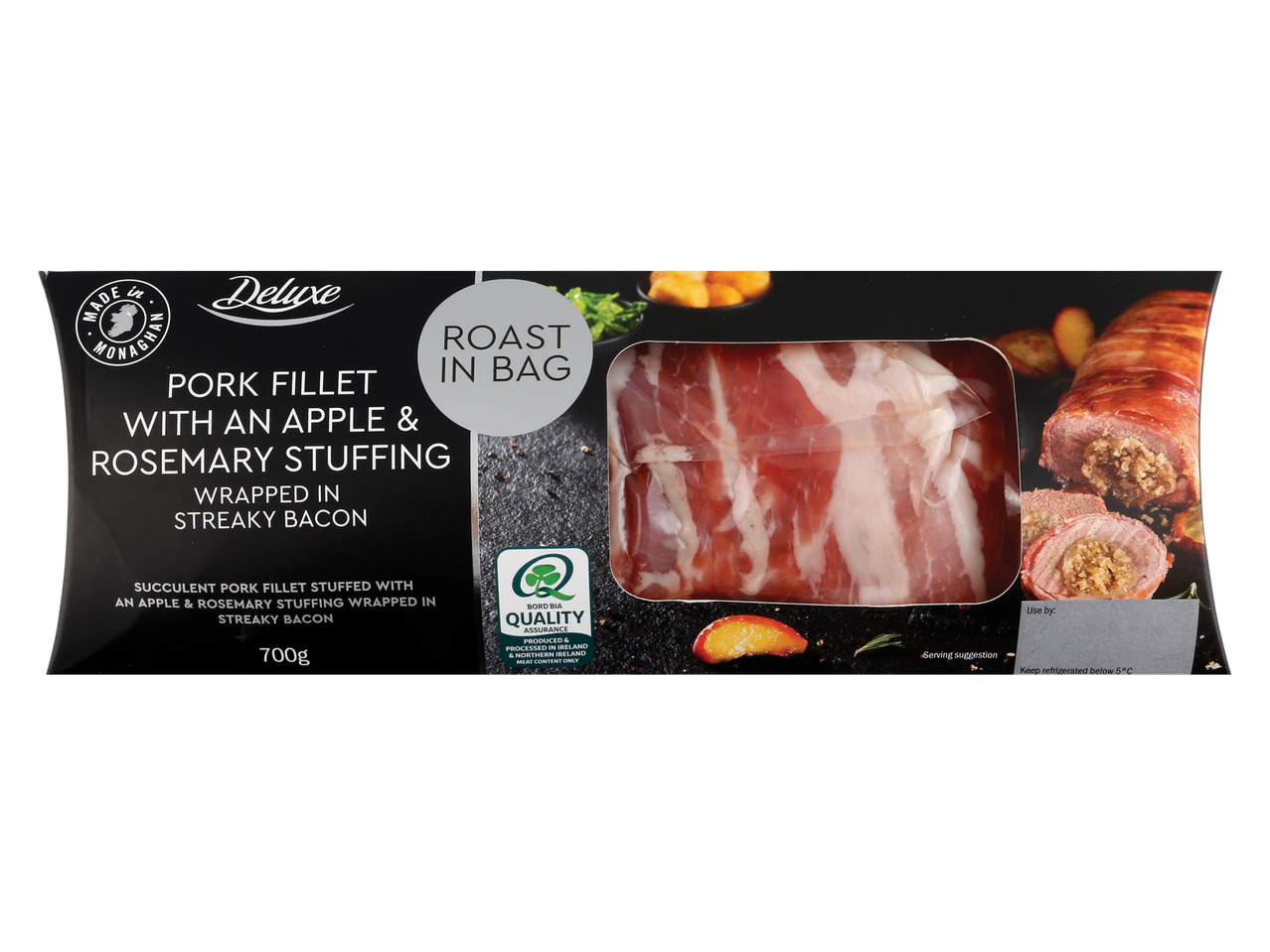 Deluxe Irish Stuffed Pork Fillet with apple and rosemary stuffing, wrapped in streaky bacon, 700g.