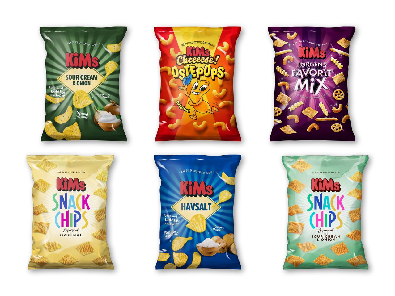 Seks poser chips i forskellige smagsvarianter, herunder sour cream & onion, ost og havsalt.