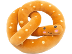 A plush pretzel toy with a smiling face and pink cheeks.