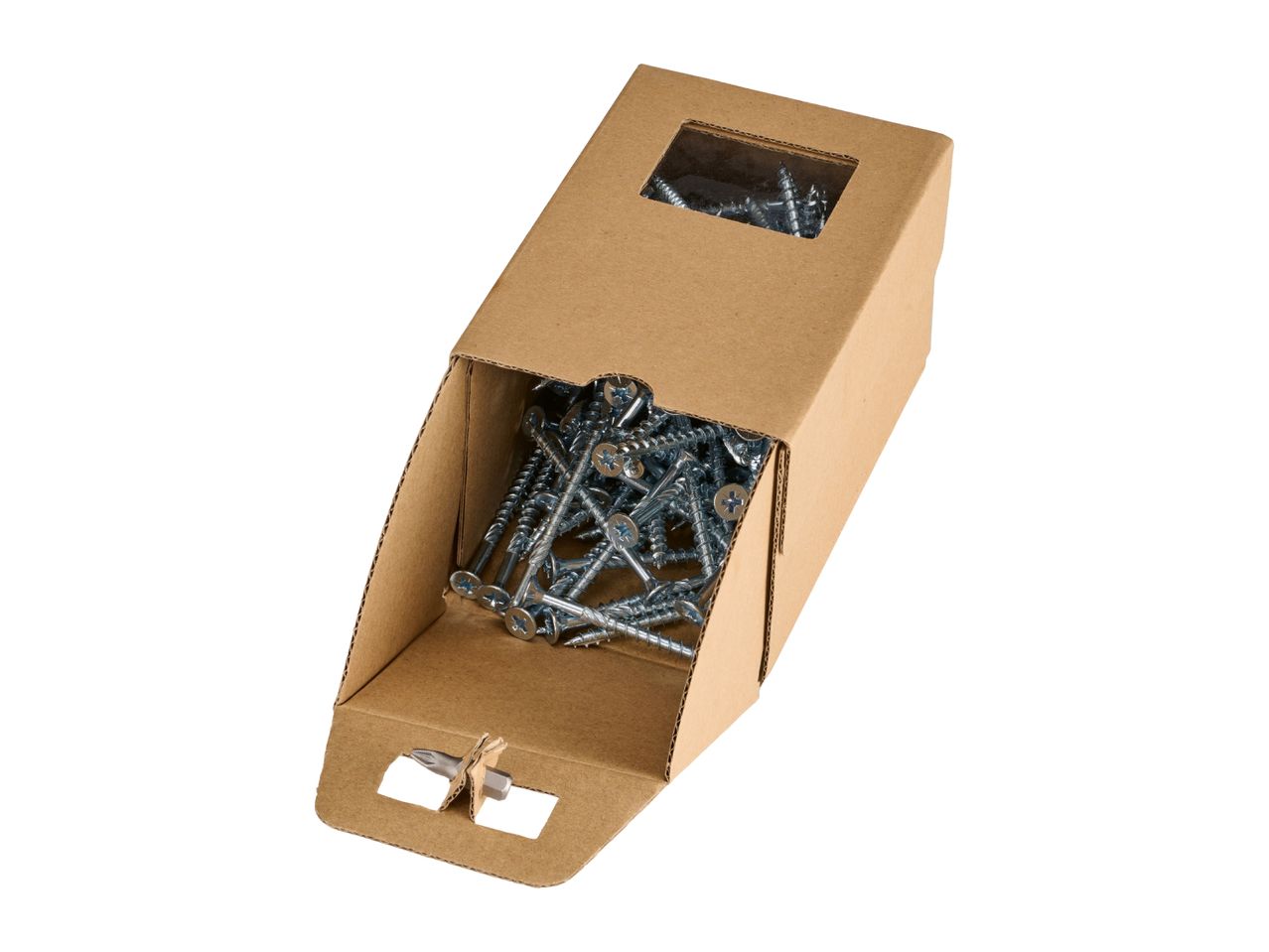 Cardboard box filled with silver screws and a screwdriver bit, isolated on white.