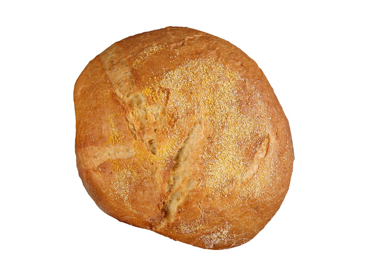 Okrugli hleb sa zlatnom korom posut kukuruznim brašnom, gledano odozgo.