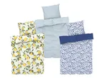 Drei Bettwäsche-Sets: Zitrone, blau gestreift und blau geblümt.
