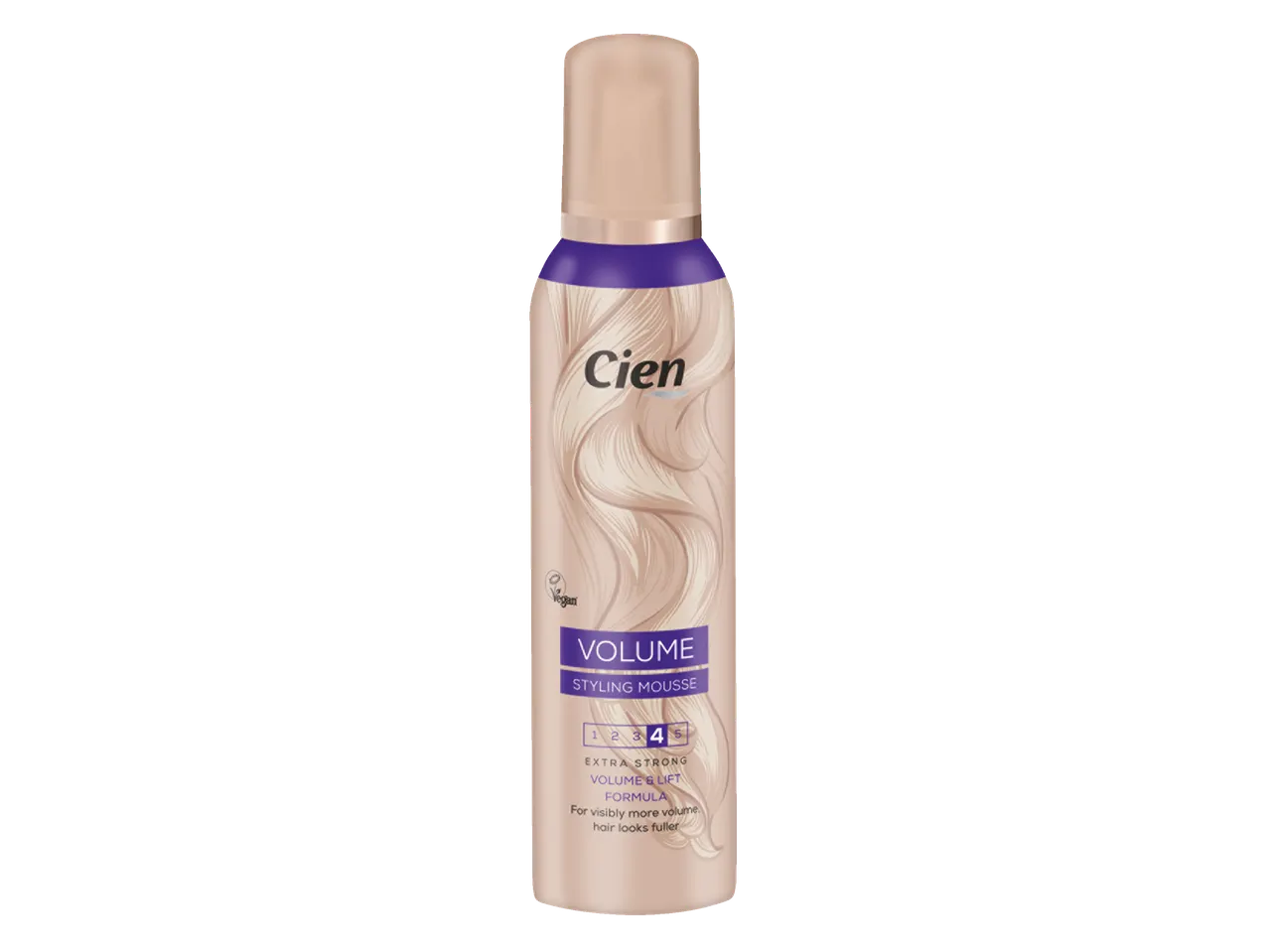 Spumă de styling Cien Volume, fixare extra puternică, pentru un păr vizibil mai voluminos.