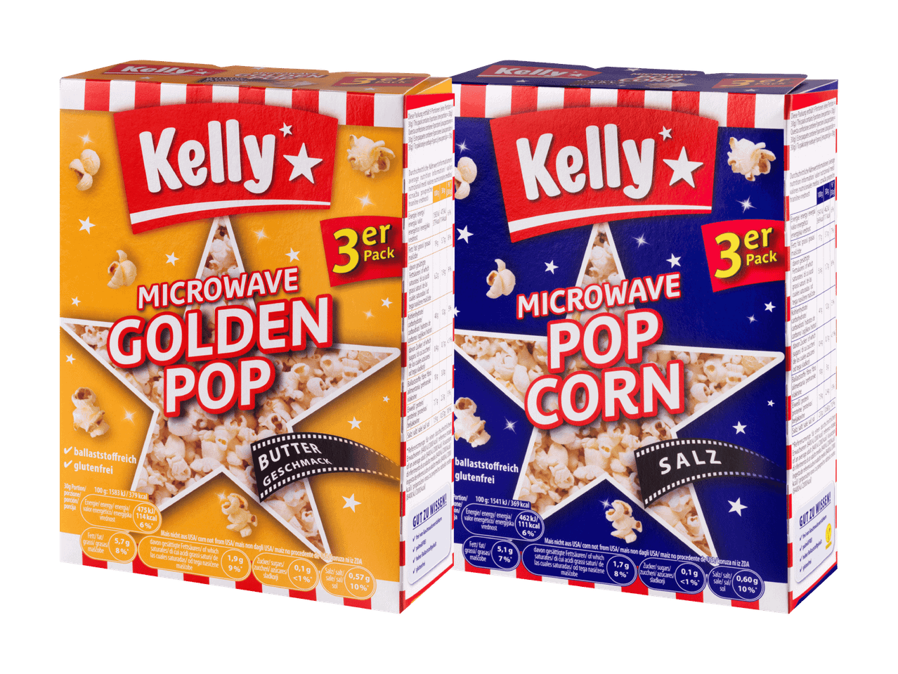 Zwei Kelly Mikrowellen-Popcorn-Packungen, eine mit Buttergeschmack, die andere mit Salz.