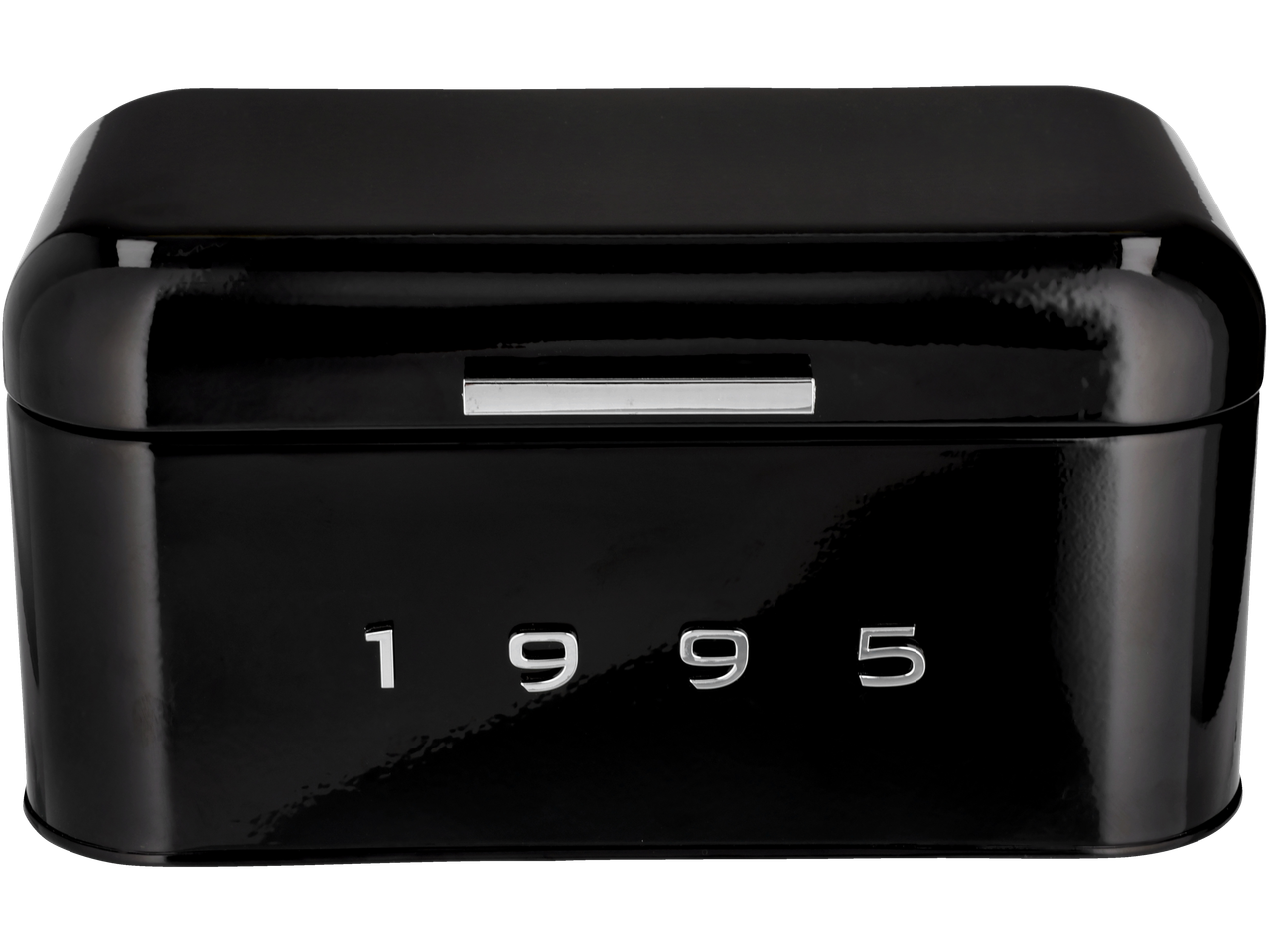 Caixa de pão preta Silvercrest, com o ano «1995» em relevo.