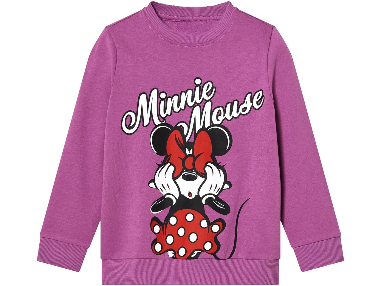 Purple Minnie Mouse sweatshirt with a graphic of Minnie covering her eyes.
