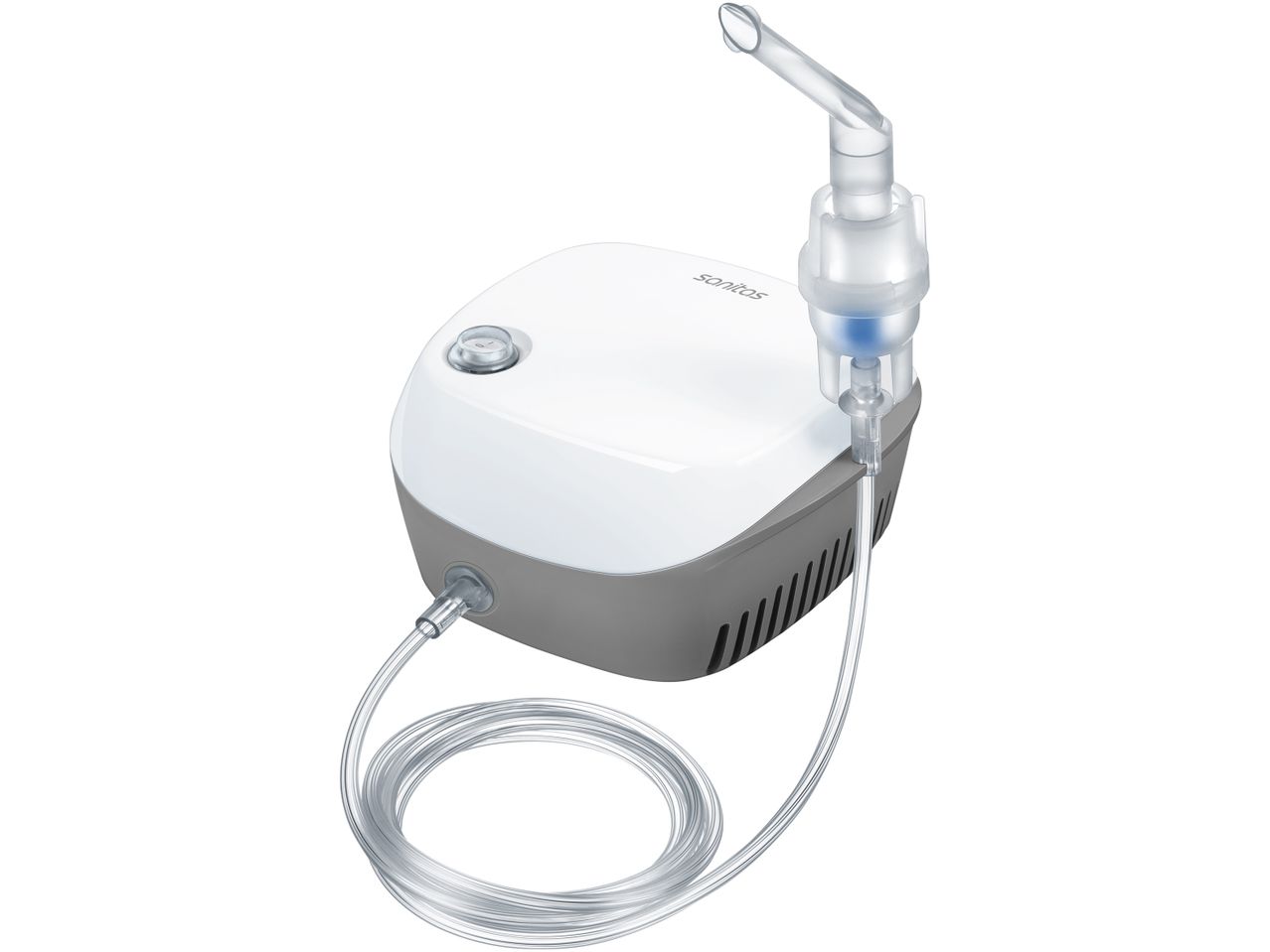 Sanitas nebulizer with a clear tube and mouthpiece attached.