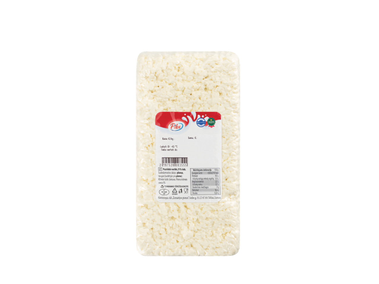 Pakuotė varškės sūrio su etikete, kurioje nurodyta maistinė vertė ir ingredientai.