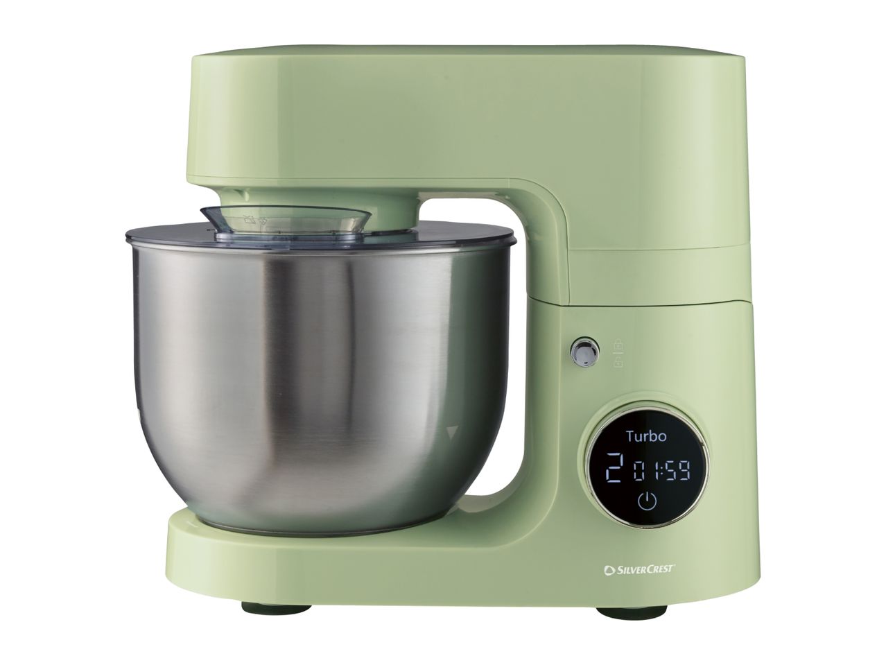 Light green stand mixer with a stainless steel bowl and a digital display showing 'Turbo' and '2 01:59'.