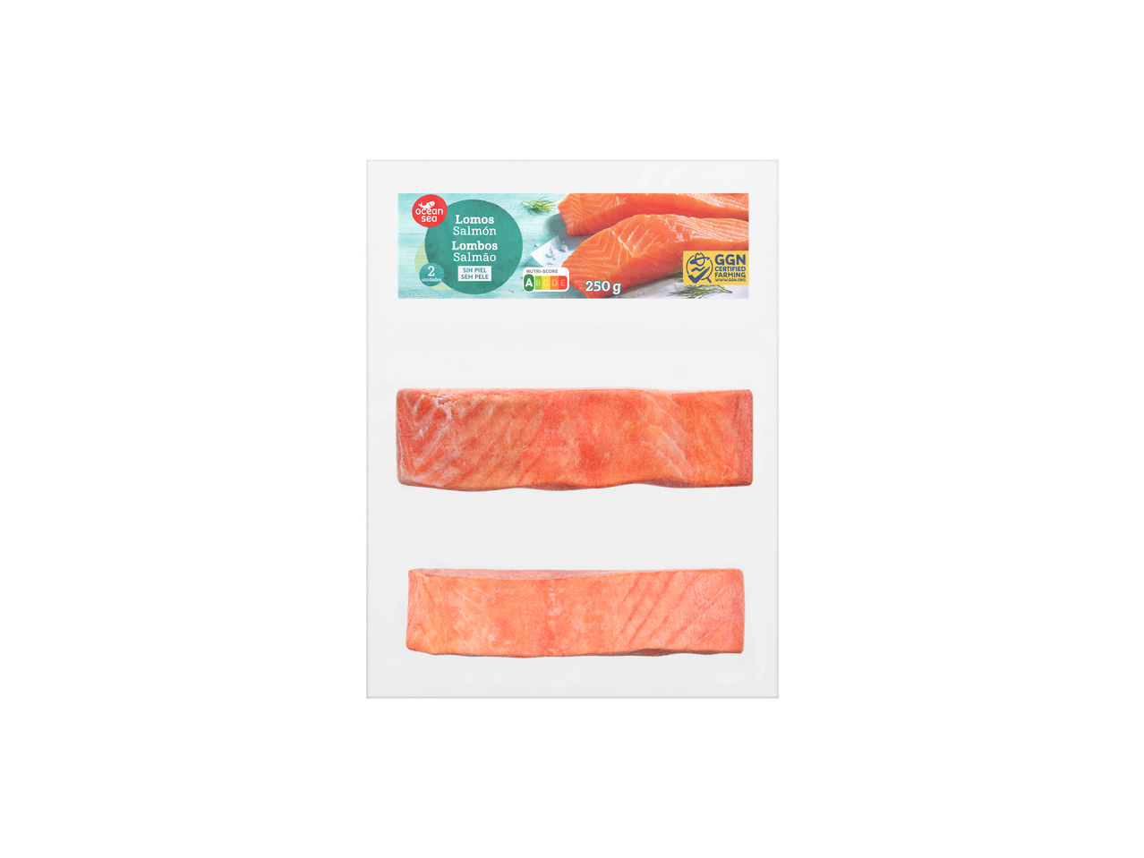 Lombos de salmão sem pele Ocean Sea, 250g, com Nutri-score A e certificação GGN.