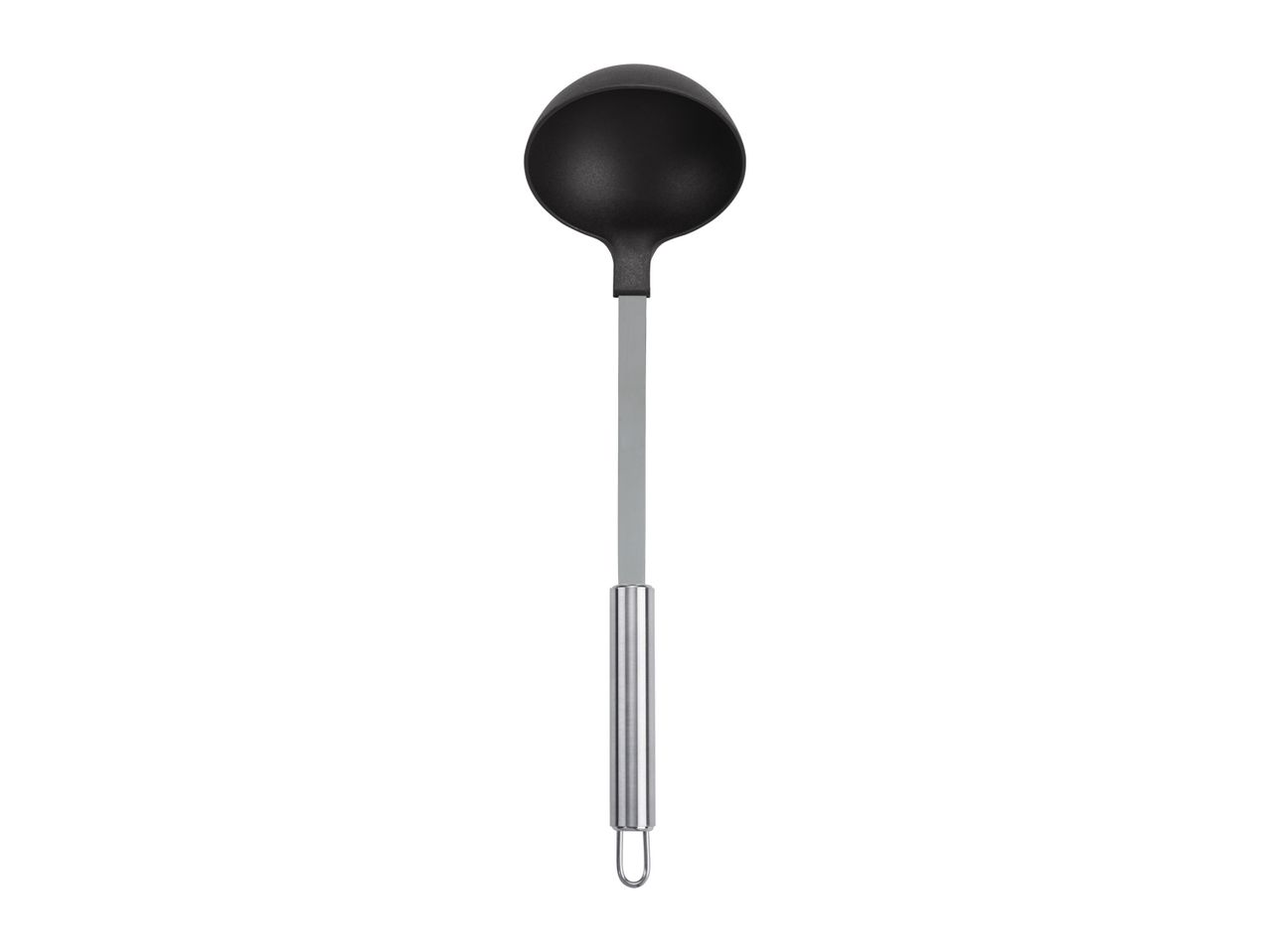A black nylon ladle with a silver handle.