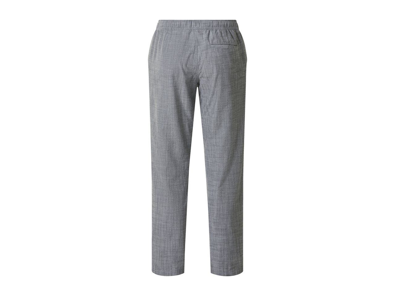 Grey men's trousers with an elasticated waist and back pocket, seen from the back.