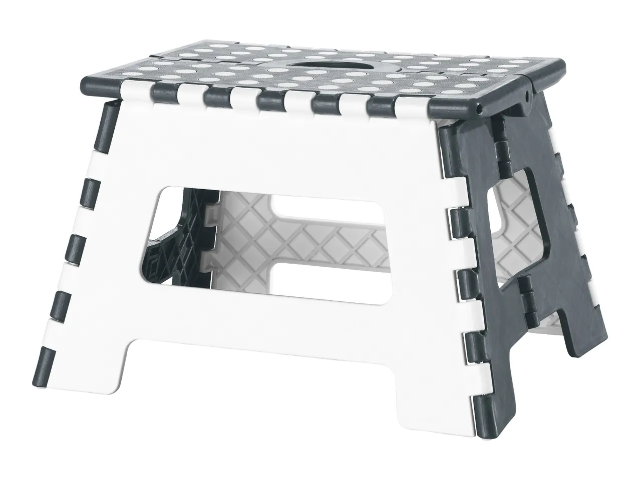 Foldable step stool in white and dark grey with a textured top surface.