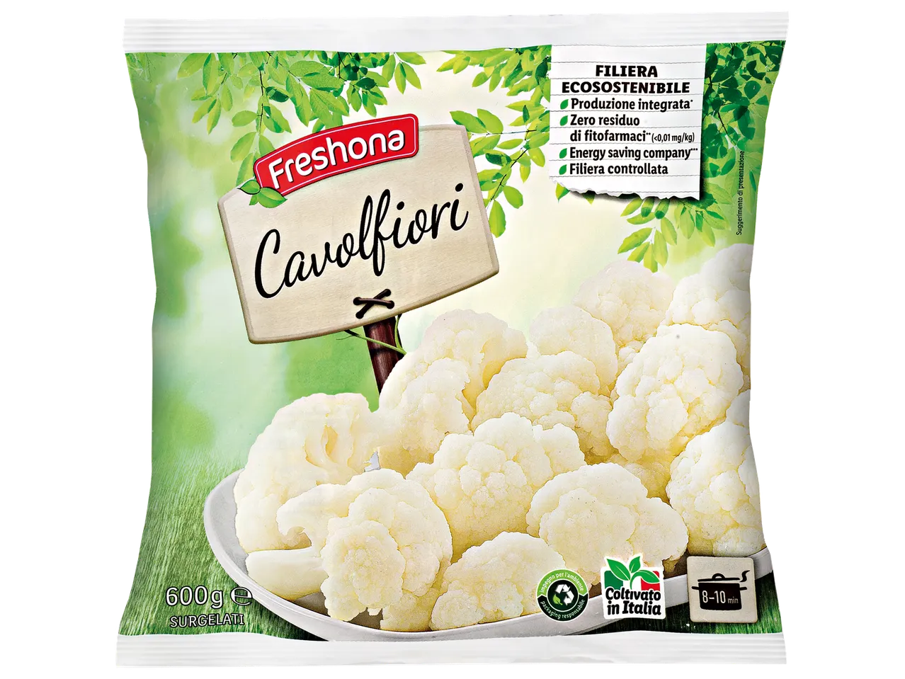 Freshona frozen cauliflower florets in a bag, 600g, with eco-sustainable claims.