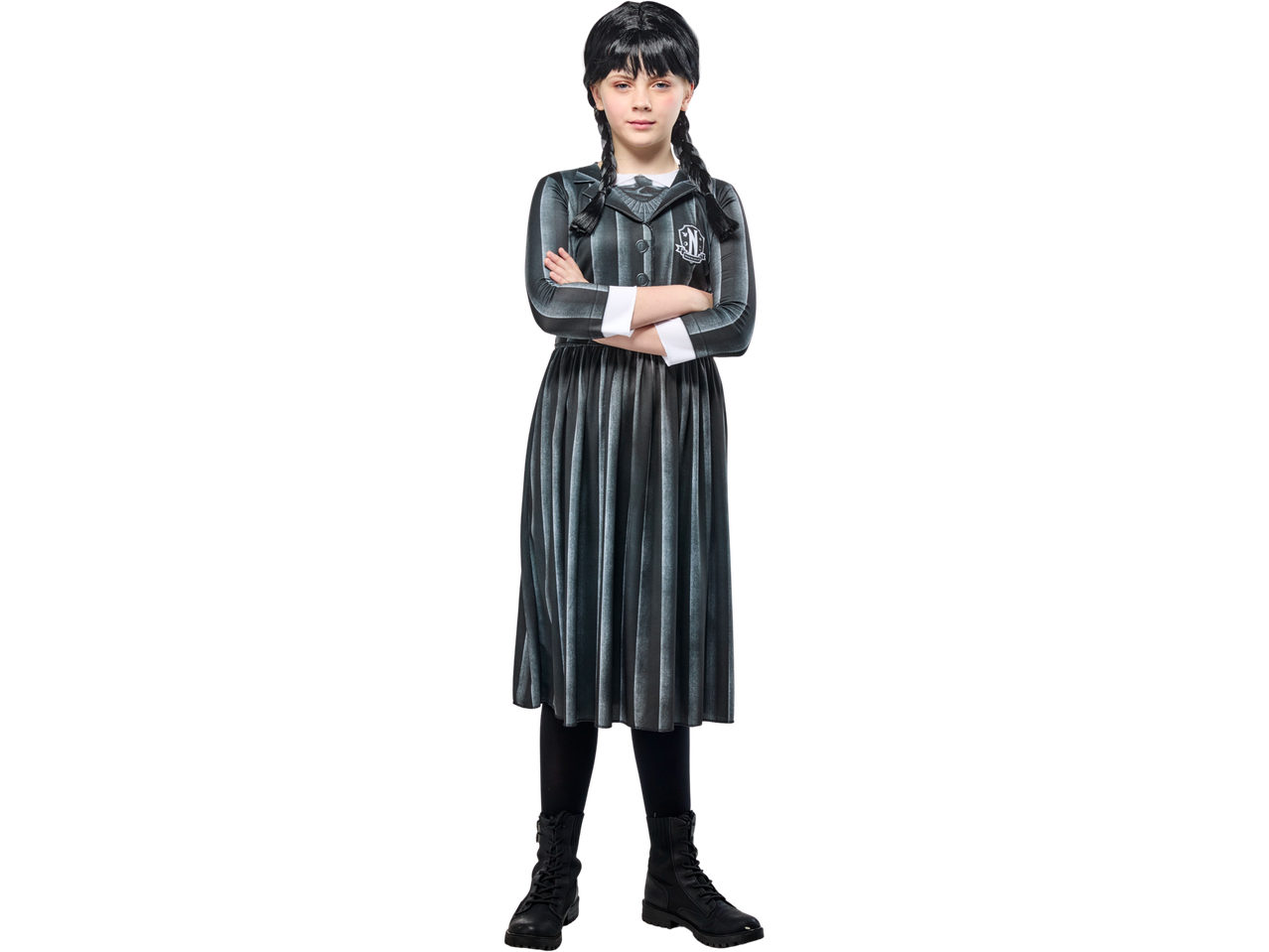 Child in a Wednesday Addams costume with black braids and a striped dress.