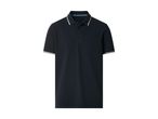Men's dark blue polo shirt with white and light blue striped collar and sleeve cuffs