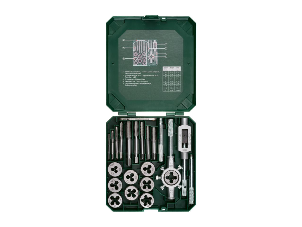 A tap and die set in a green case, featuring various taps, dies, and thread gauges.