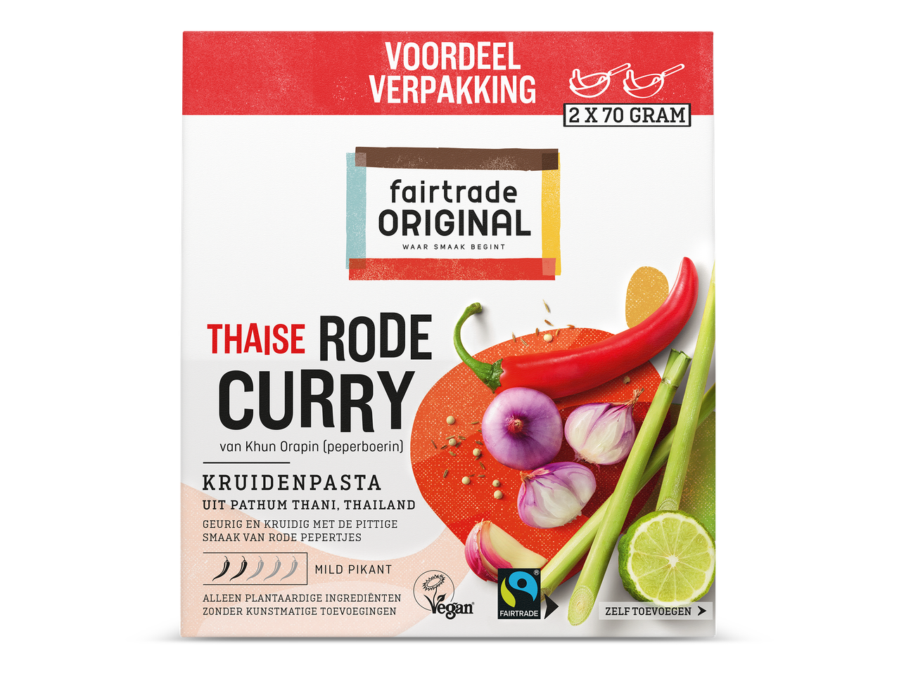 Verpakking Thaise rode curry kruidenpasta met chilipepers, sjalotten, citroengras en limoen.