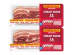 Two packs of smoked streaky bacon, 14 rashers each, labeled as a bumper twin pack.