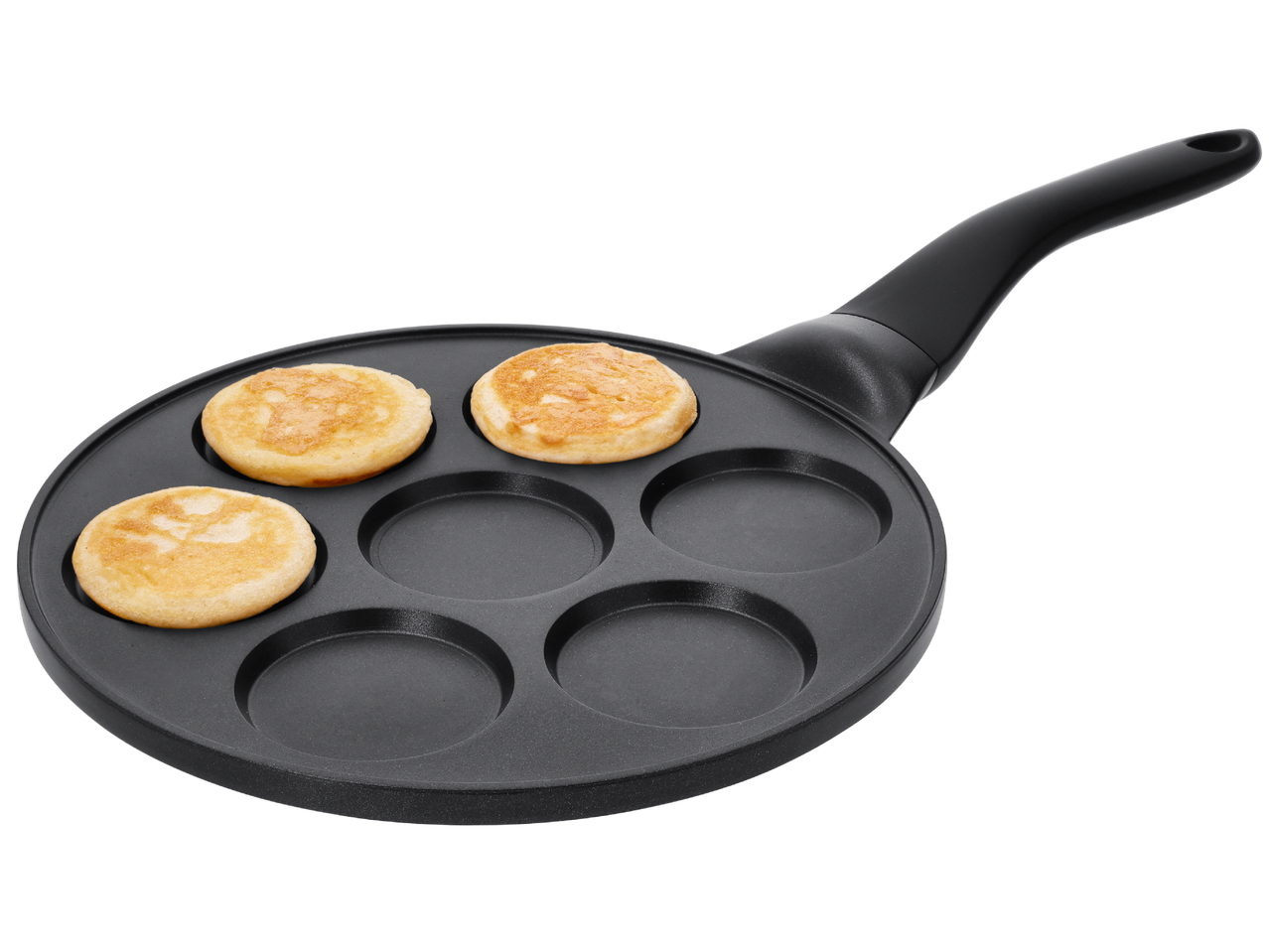 Тиган за палачинки с три готови палачинки и четири празни гнезда.