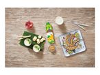 Caribbean-style banana nectar drink with grilled bananas, pomegranate, kiwi, and peanuts.