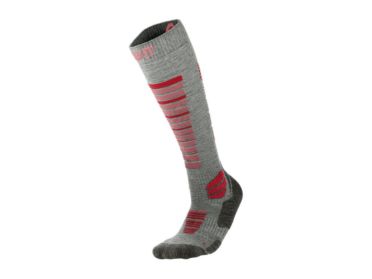 A single gray and red ski sock with reinforced areas on a white background.