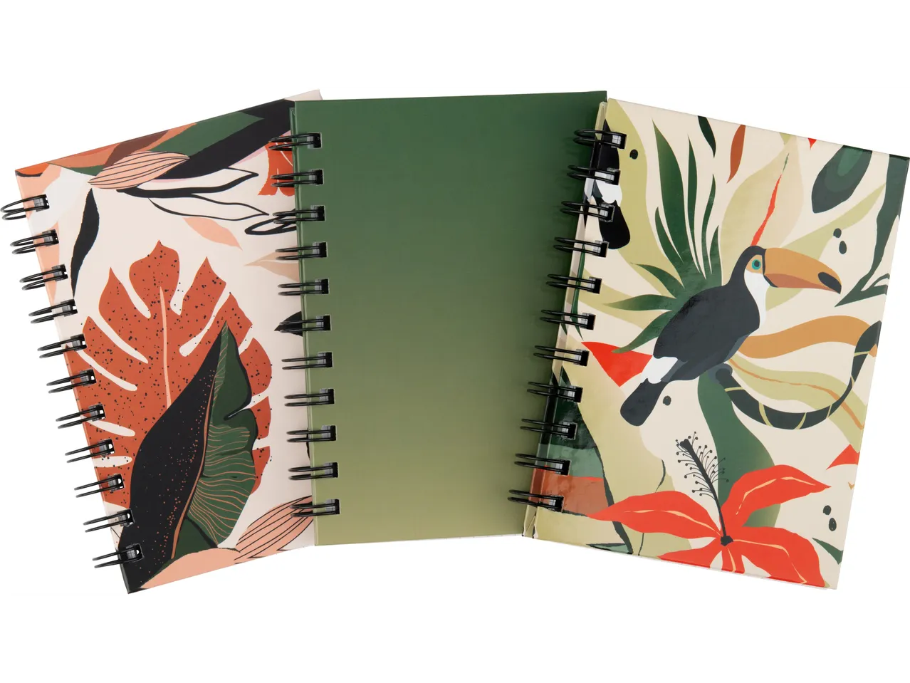 Crelando® Carnets: Dva spiralna rokovnika sa tropskim dezenom lišća i tukana, jedan otvoren sa zelenom unutrašnjošću.