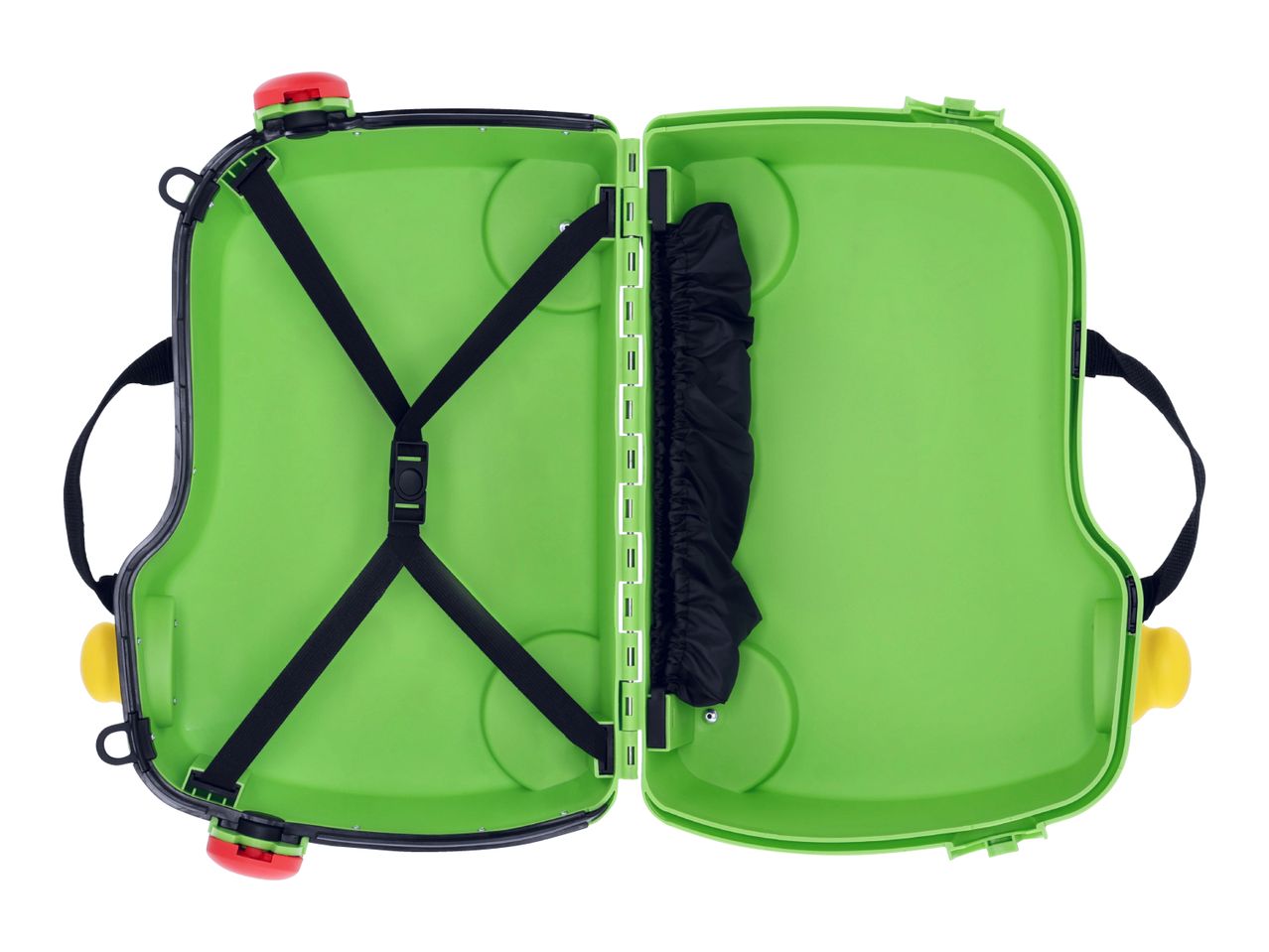 Open green children's suitcase with black straps and handles, top view.