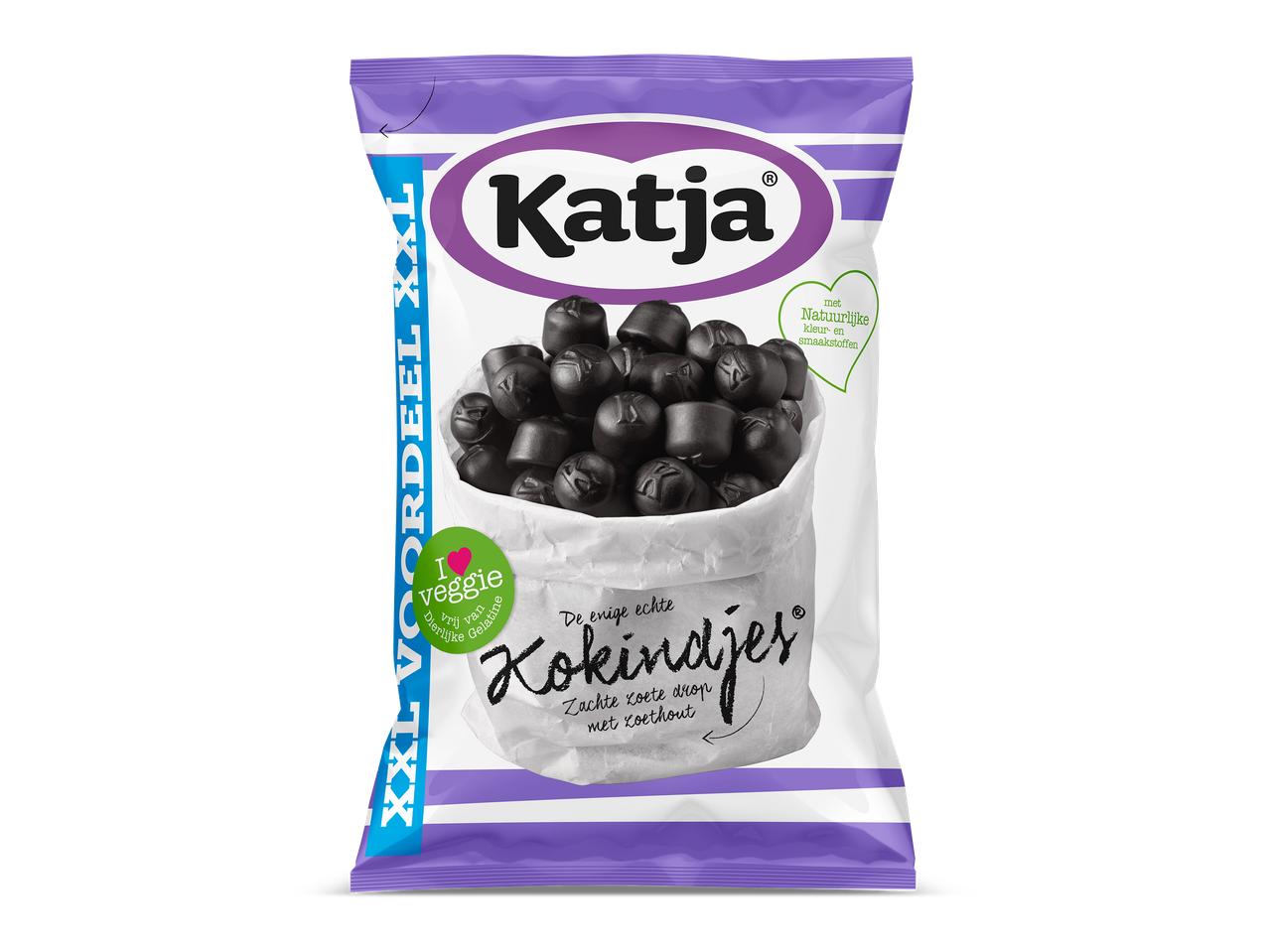 Paarse zak met zachte zoete dropjes, met de tekst 'I veggie' en 'Natuurlijke kleur- en smaakstoffen'.
